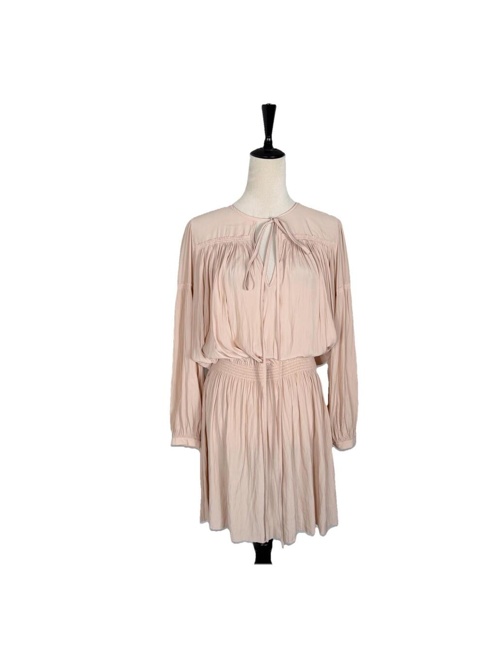 CALVIN RUCKER Tie Neck Long Sleeve Mini Dress Light Pink Size Small Quiet Luxury